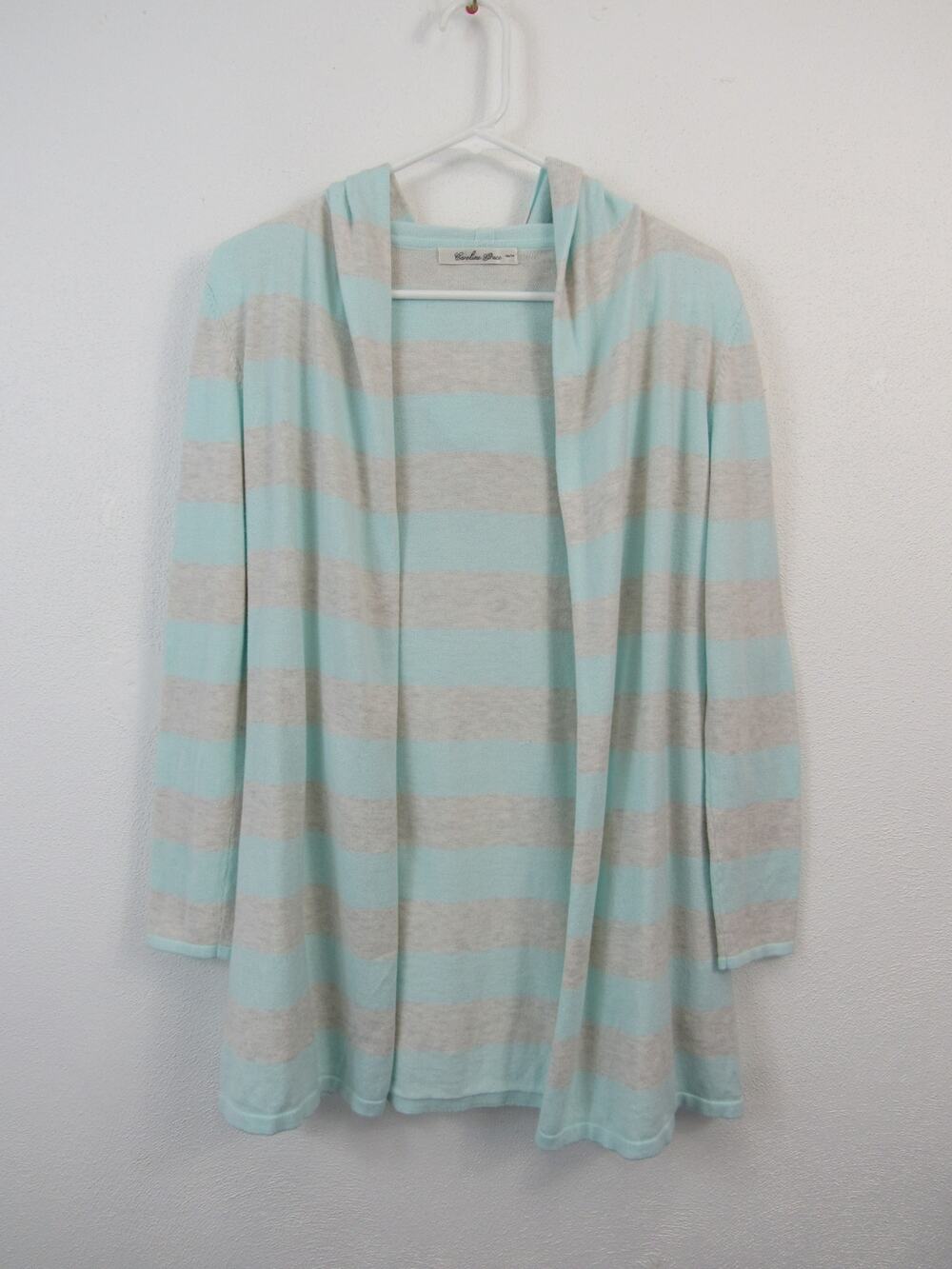 Caroline Grace XS Alashan Cashmere Cotton Striped Hooded Cardigans Blue Gray